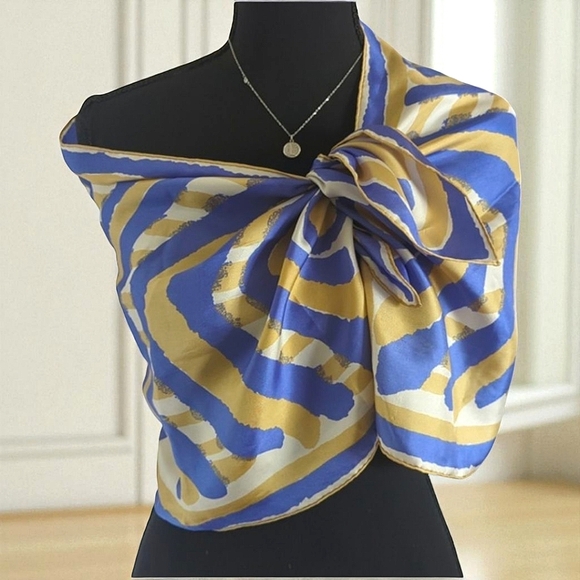 Vera Long Silk Scarf Abstract Design Blue Gold White Quiet Luxury Designer - Picture 1 of 13
